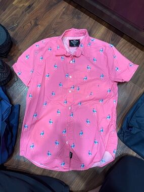 Hollister Pink Short-Sleeve Button-Down with Blue Bird Print